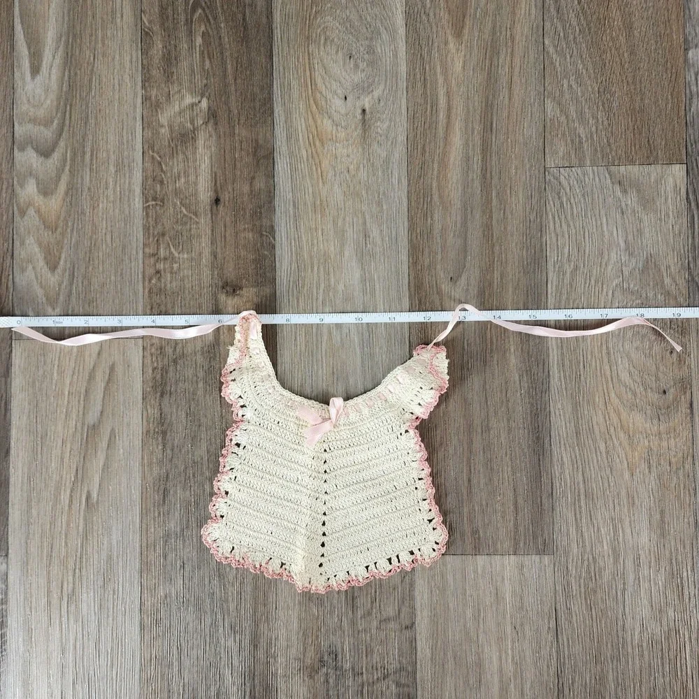 Vintage Handmade Crochet Baby Bib Pinafore Cream Pink Ribbon Scalloped Trim